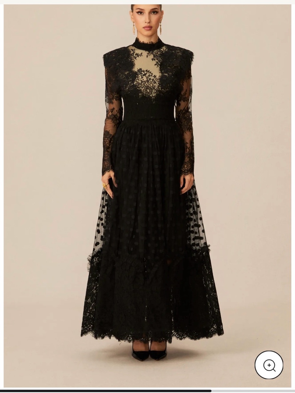 Black Lace Long-Sleeve Maxi Dress with Sheer Dot Overlay